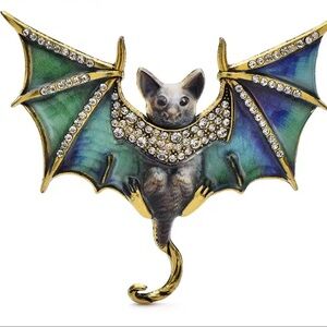 Gothic Bat Green Brooch Gold Accents